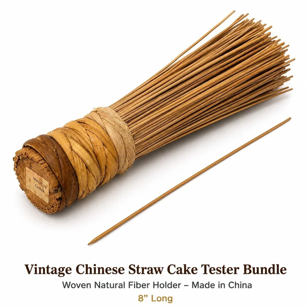 Vintage Chinese Straw Cake Tester Bundle – Woven Natural Fiber Holder